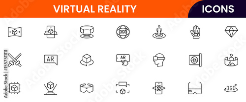 Vector illustration web line icon collection for Virtual Reality, featuring sleek headsets, controllers, and immersive digital worlds, designed with modern, minimalist aesthetics.