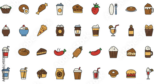 Colorful Food and Drink Icon Set – Sandwiches, Desserts, Beverages, and Snacks