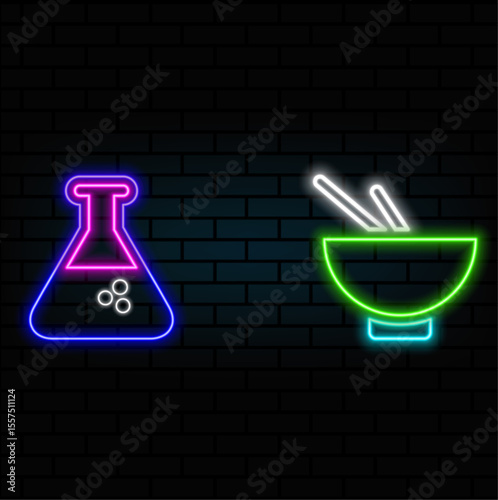 neon style.chemical flask in laboratory research concept.Laboratory Flask Glass Icon Vector Logo Template Illustration Design. neon style.