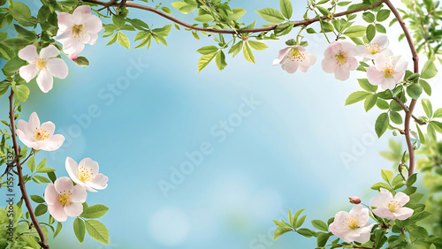 Delicate White Blossoms Frame a Soft Blue Sky Springtime Floral Arrangement for a Peaceful Natural Ambiance with Fresh Green Leaves