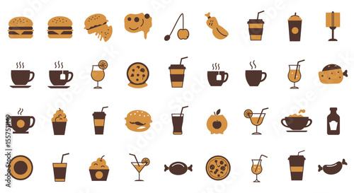 Colorful Food and Drink Icon Set – Sandwiches, Desserts, Beverages, and Snacks