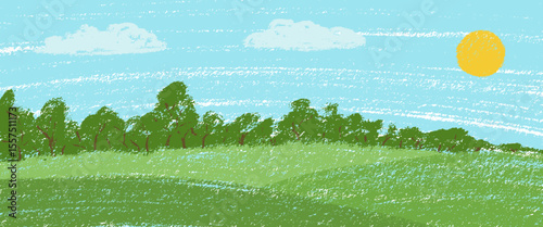 Grass and sky background. Crayon kid landscape with spring field. Vector green grass, flower, blue sky, cloud child wax pastel painting. Spring nature meadow landscape crayon illustration background.