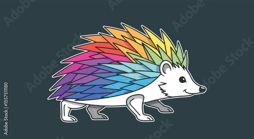 A charming pixel art illustration of a white hedgehog with rainbow colored spines walking happily across a dark blue background in a playful and vibrant style
