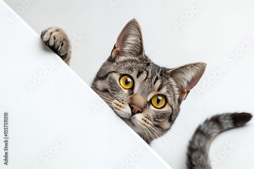 Curious tabby cat peeking over a white surface with bright yellow eyes and a paw reaching out showcasing its striped tail and whiskers
