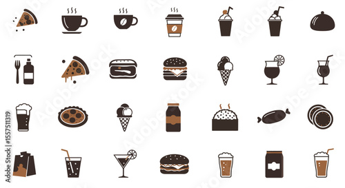 Colorful Food and Drink Icon Set – Sandwiches, Desserts, Beverages, and Snacks