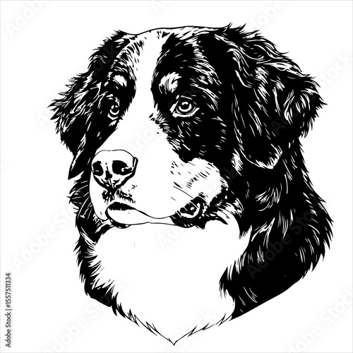  head Bernese Mountain Dog pet portrait engraving intricate retro hand drawn style line art black and white vector illustration, isolated on white background