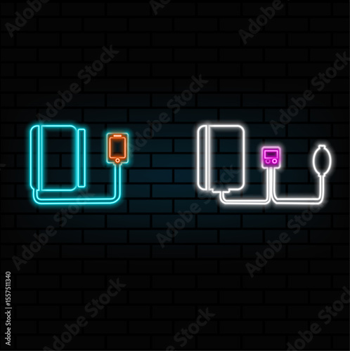 neon style.Medical accessory sphygmomanometer machine vector art illustration. neon.