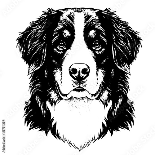  head Bernese Mountain Dog pet portrait engraving intricate retro hand drawn style line art black and white vector illustration, isolated on white background