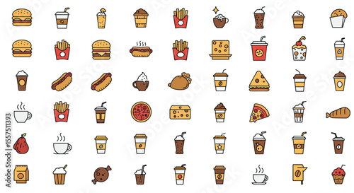 Colorful Food and Drink Icon Set – Sandwiches, Desserts, Beverages, and Snacks