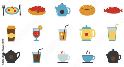 Colorful Food and Drink Icon Set – Sandwiches, Desserts, Beverages, and Snacks