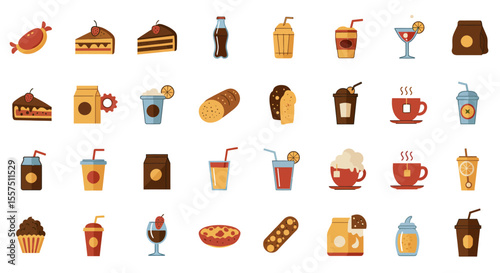 Colorful Food and Drink Icon Set – Sandwiches, Desserts, Beverages, and Snacks
