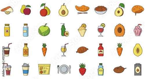 Colorful Food and Drink Icon Set – Sandwiches, Desserts, Beverages, and Snacks
