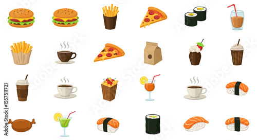 Colorful Food and Drink Icon Set – Sandwiches, Desserts, Beverages, and Snacks