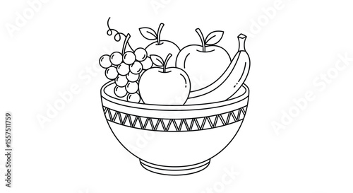 A Beautifully Drawn Sketch of a Colorful Assortment of Fresh Fruits in a Decorative Bowl