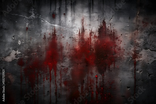 A dark textured concrete wall with dramatic splatters and drips of bright red liquid suggesting blood or paint creating a grunge and ominous atmosphere for horror themes