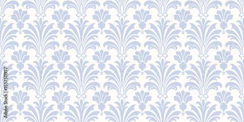 Abstract floral geometric ornament with feathers, leaves, foliage. Luxury seamless pattern. Elegant blue and white vector background in rococo, revival, renaissance, baroque, art deco, damask style