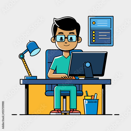 Businessman working at the computer. Vector illustration in flat style.