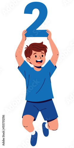 Young Boy Joyfully Holding Up Number Two in Bright Blue, Representing Counting Concept and Age Milestones in a Playful and Cheerful Manner