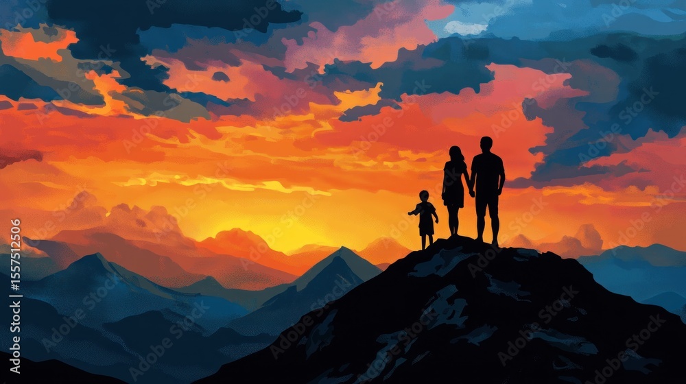 © Nahwu - Silhouette family on mountaintop at vibrant sunset © Nahwu - Silhouette family on mountaintop at vibrant sunset