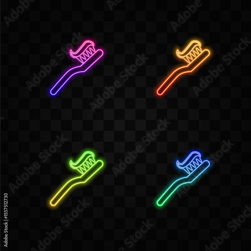 Toothbrush and paste color vector icon. neon style.