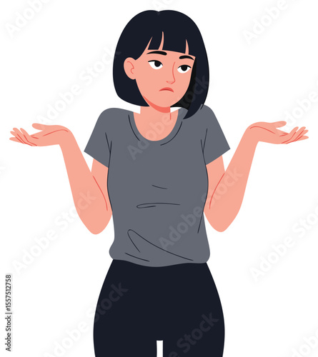 Woman with confused expression shrugging her shoulders, symbolizing uncertainty and dilemma while questioning the situation around her.