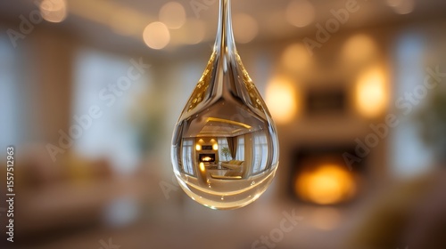 Refracted view of a cozy living room inside a water droplet