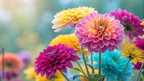 A Vibrant Garden Display of Colorful Dahlias in Full Bloom a Symphony of Pink Yellow and Aqua Hues