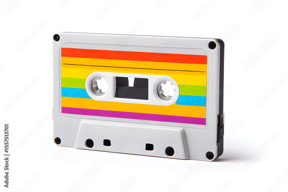 Obraz premium Vintage audio cassette tape with red label. Retro compact audio cassette with classic red and white label, isolated on gray background. Nostalgic music media from the 80s and 90s.