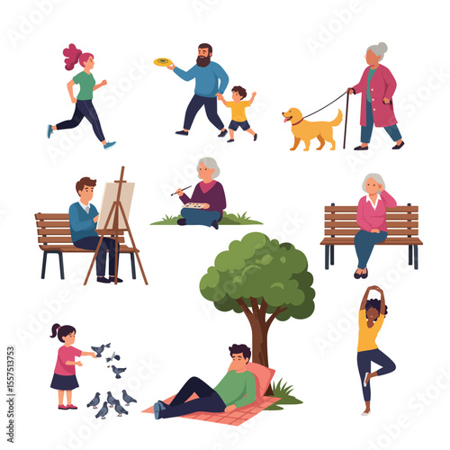 Set of People Enjoying Leisure and Recreational Activities in a Park