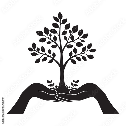 Black silhouette of a tree growing from cupped hands with small saplings