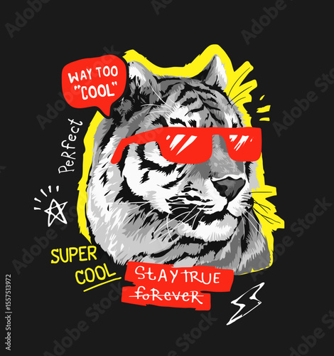 typography slogan with black and white tiger in sunglasses vector illustration