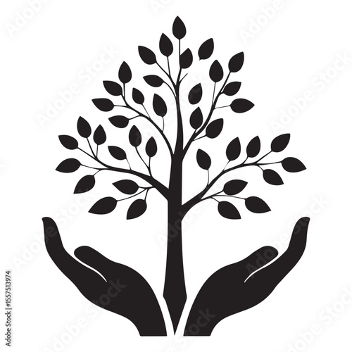 Black silhouette of a tree with leaves held gently in cupped hands