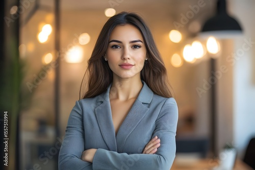confident businesswoman standing with arms crossed, modern office background, soft lighting 
