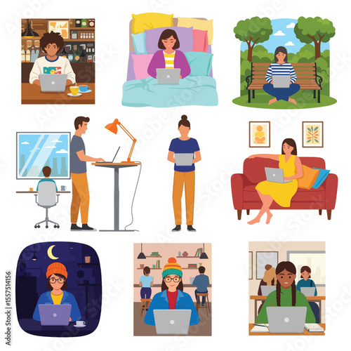 People Working Remotely on Laptops in Various Locations and Environments