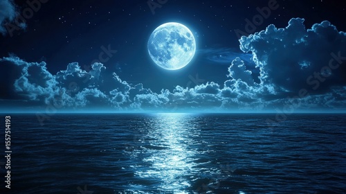 A bright full moon illuminates a calm ocean under a starry night sky with scattered clouds reflecting on the water