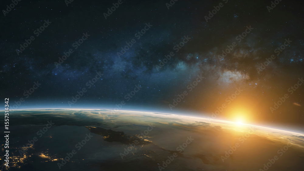 Fototapeta premium Earth from Space Capturing the Sunrise and Milky Way Galaxy Awe Inspiring Celestial Scene