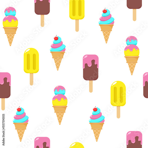 A bright seamless pattern depicting colorful stacked ice cream cones, as well as classic brown and yellow popsicles. This design is suitable for backgrounds, textile designs, gift wrapping,