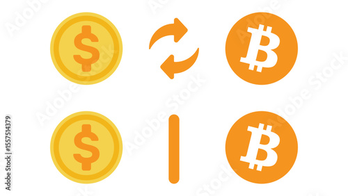 Dollar to bitcoin currency exchange flat vector icon, dollar and bitcoin comparison. Vector illustration in flat design style