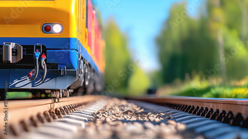 Innovative eco-train traveling on tracks with clear background ideal for textual information and sustainability messaging