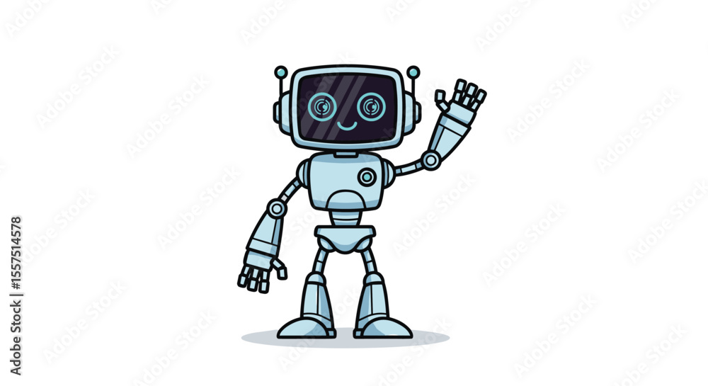 Fototapeta premium Friendly Cartoon Robot Waving Hello with a Smiling Digital Face and Antennas