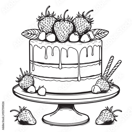 Delicious black and white illustration of a tiered cake decorated with fresh strawberries and leaves