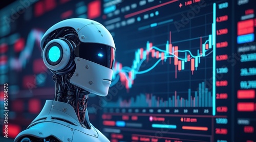 A futuristic robot with glowing blue eyes analyzes complex financial charts and data on a digital screen.