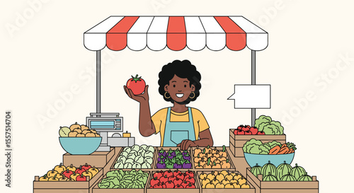 A friendly farmer proudly displays a fresh ripe tomato at their vibrant outdoor produce market stall filled with colorful fruits and vegetables