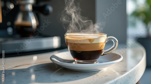 A steaming cup of espresso with crema served in a glass cup on a white saucer, placed on a marble table with a coffee machine blurred in the background.