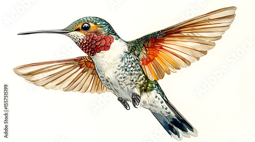Detailed anatomical illustration of a hummingbird, highlighting key features relevant to de-extinction projects, presented as a sharp and informative image against a white background 