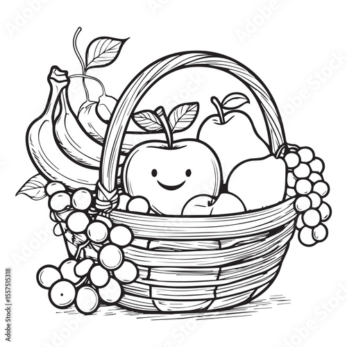 Whimsical black and white illustration of a happy fruit basket overflowing with produce