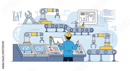 Modern Automated Industrial Manufacturing Facility With Robotic Arms And Control Panel