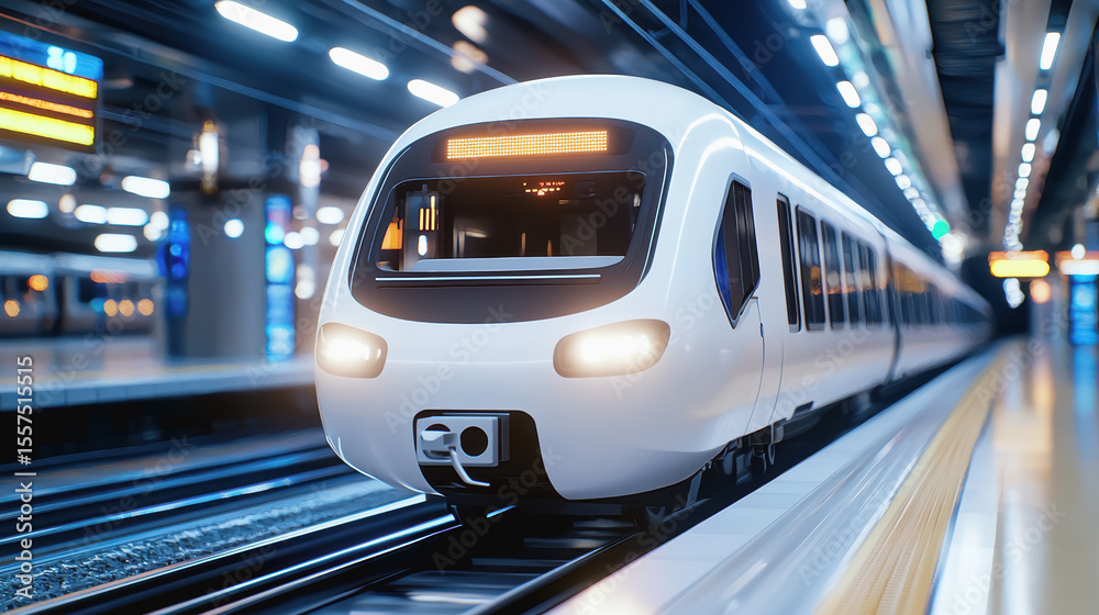 Fototapeta premium Sleek and modern futuristic train approaching a state-of-the-art train station with advanced design elements