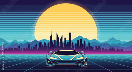 Cruising Through a Pixelated Retro Cityscape Under a Vibrant Sunset with an Awesome Sports Car