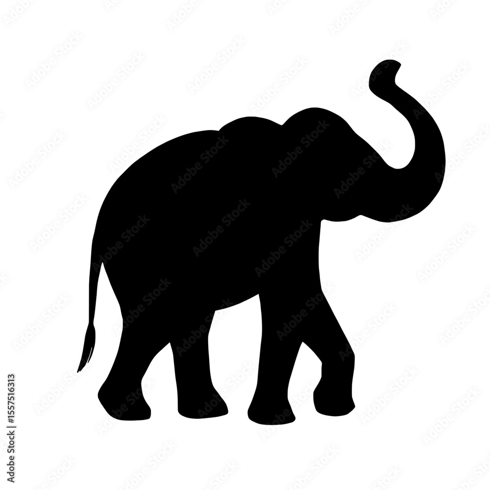Obraz premium A simple black silhouette of an elephant with its trunk raised, set against a plain white background. The minimalist style highlights its iconic shape. Vector illustration.